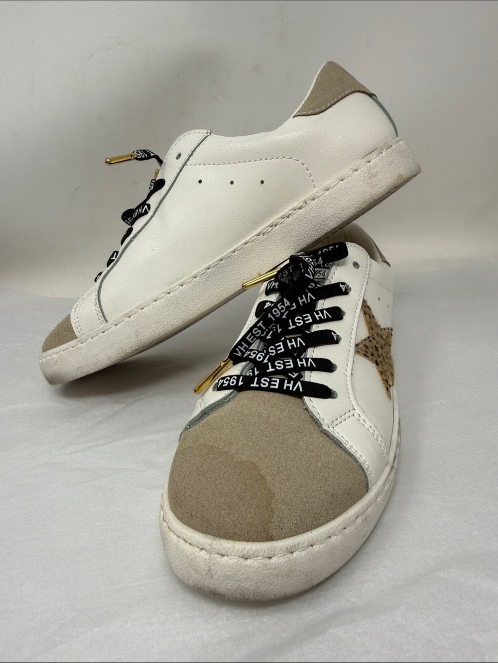 Vintage Havana Carla Calf Hair Leopard Star White Low Top Sneaker Taupe size 7.5 - Picture 3 of 12